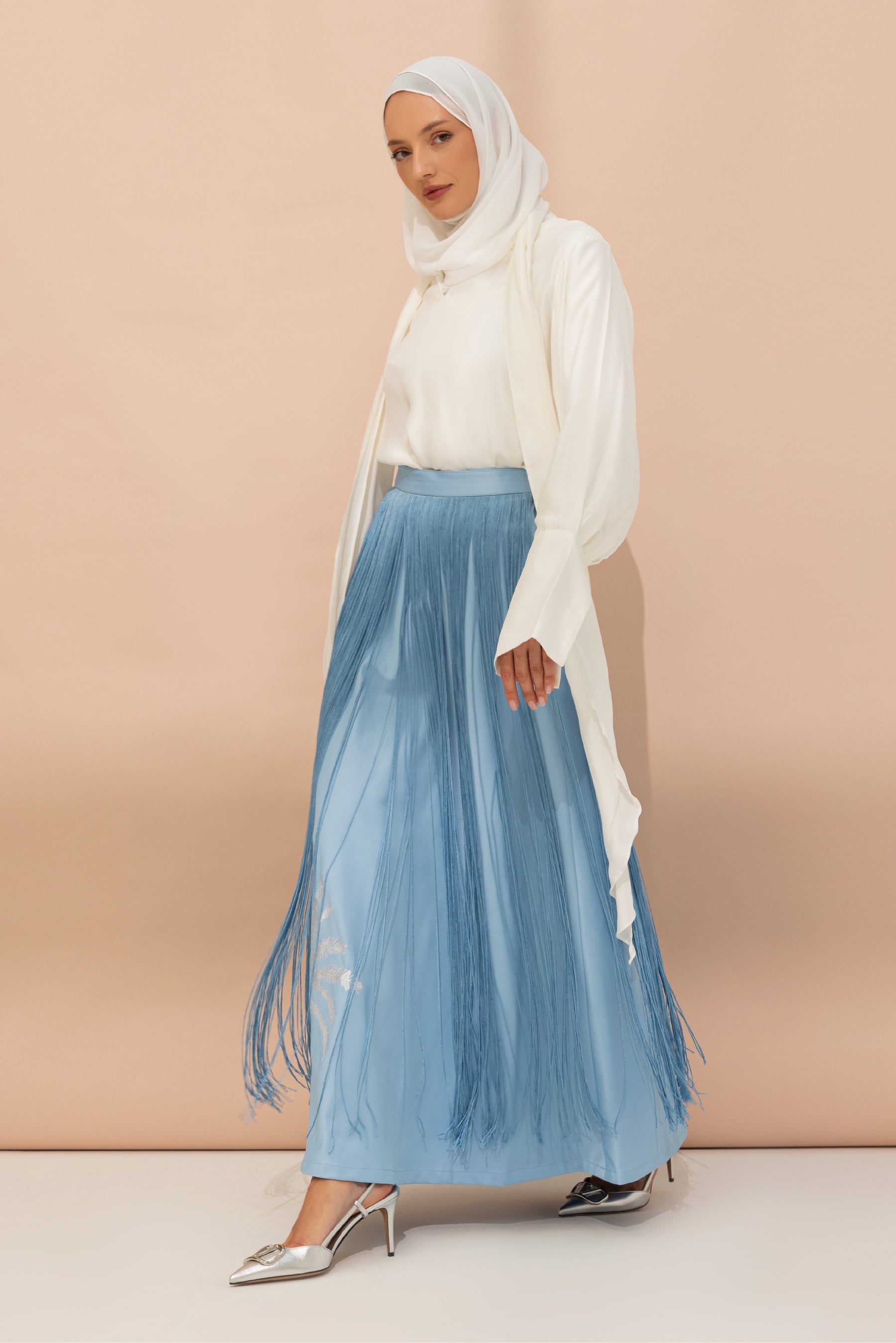 Blue Tassel Skirt with Date Palm